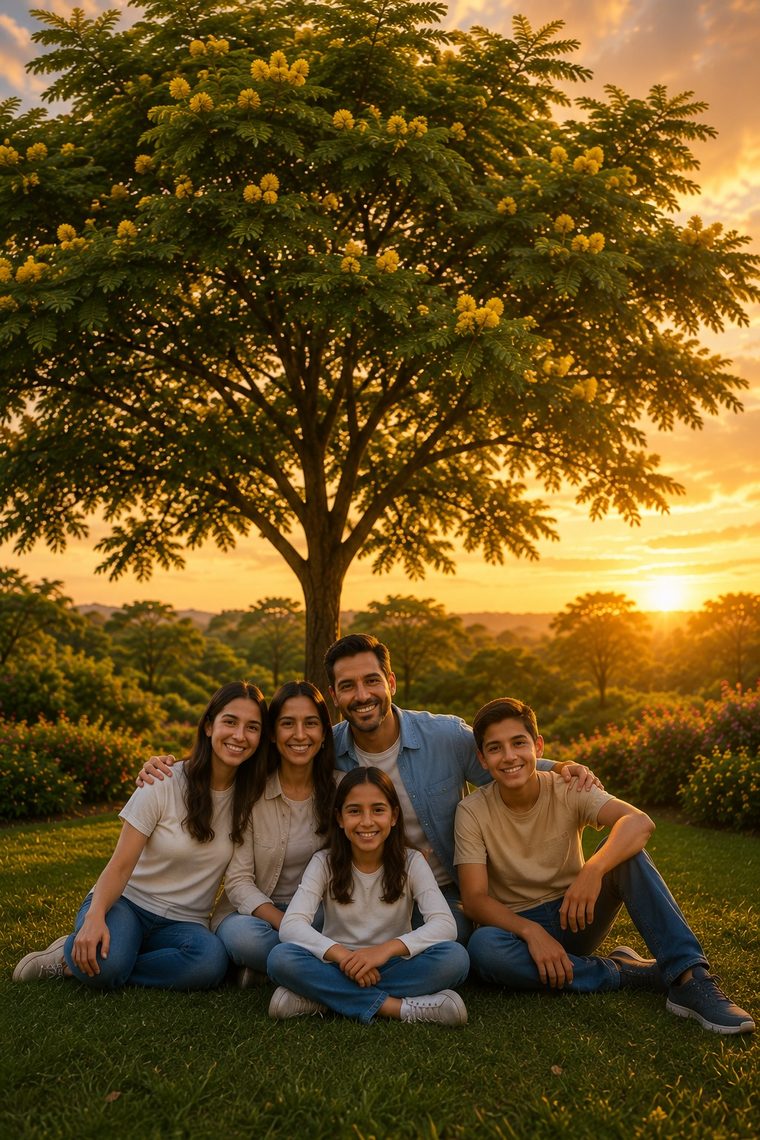 Una familia de cinco sentada en el césped bajo un árbol frondoso al atardecer
