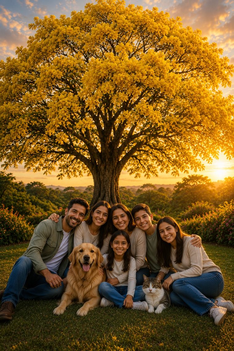 Una familia con su perro y su gato bajo un araguaney en plena floración amarilla