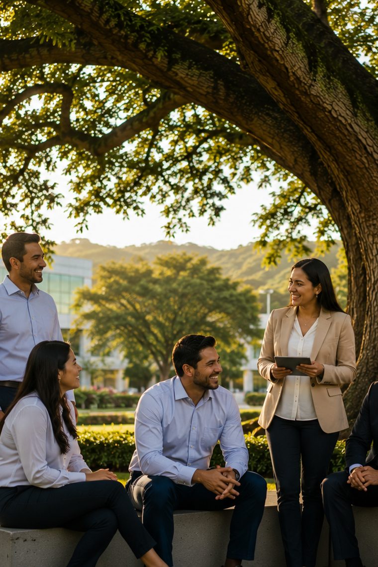 Un grupo de profesionales reunidos a la sombra de un árbol frente a una institución