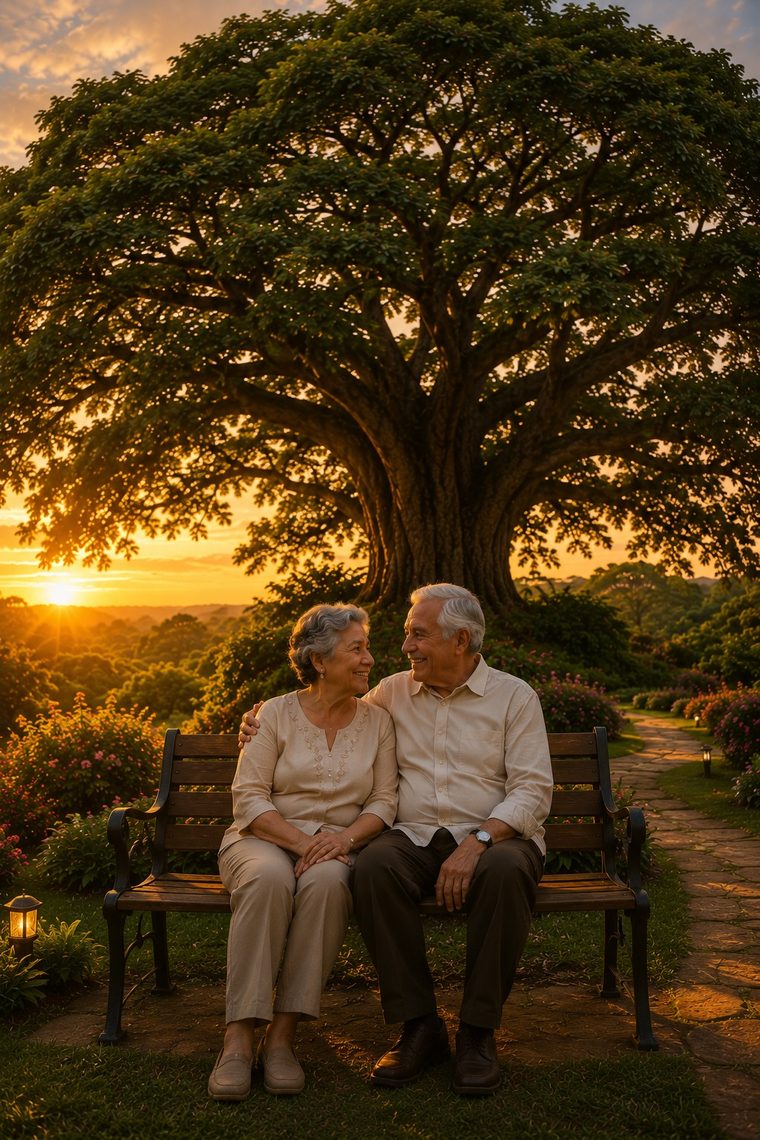 Una pareja mayor sentada en un banco bajo un samán, al atardecer